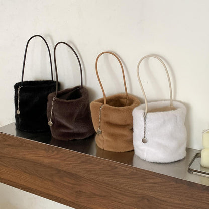 【バッグ】新作 レディース 人工ファー バケットバッグ シンプル 無地 高級感 ハンドバッグ