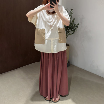 【トップス】立体ビッグポケット フェイクレイヤード 切替 半袖Tシャツ ゆったり オーバーサイズ【JZシリーズ】