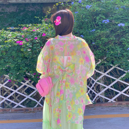 【アウター】夏 スイートリゾート風 スリット入りリボン 花柄 テンセル防晒シャツ【SHシリーズ】