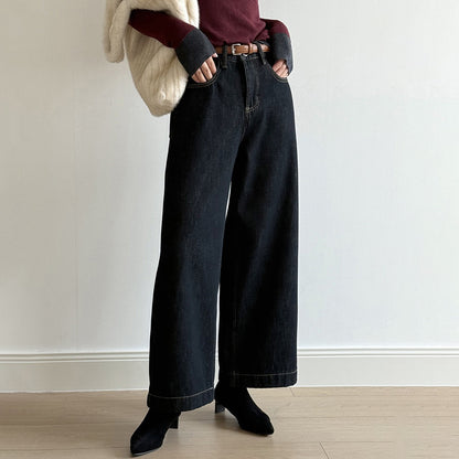 【ボトムス】ベルト付き！韓国風 ハイウエスト 裏起毛 ストレートデニムパンツ 冬 新作 ゆったりワイド カジュアル 【JZシリーズ】