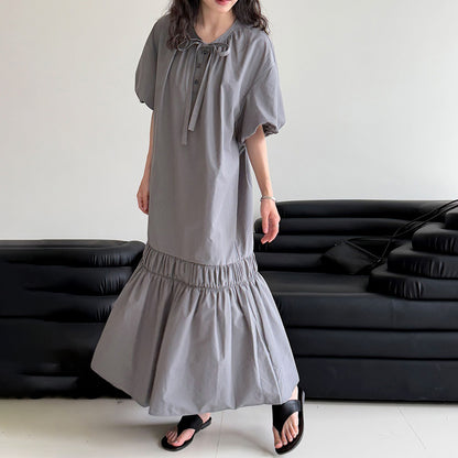 【ワンピース】韓系リボン付きパフスリーブ 細見え 切り替え 半袖ワンピース 【JZシリーズ】