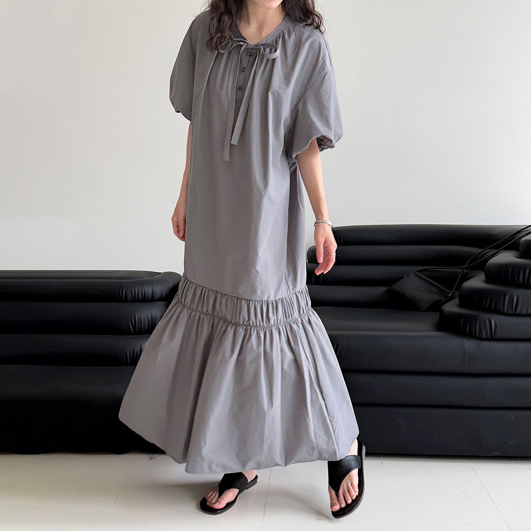 【ワンピース】韓国風 リボン付き パフスリーブ バルーンシルエット ロングワンピース 夏 着痩せ効果 半袖ドレス【JZシリーズ】