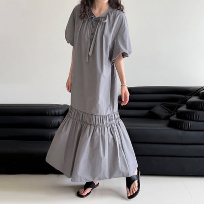 【ワンピース】韓国風 リボン付き パフスリーブ バルーンシルエット ロングワンピース 夏 着痩せ効果 半袖ドレス【JZシリーズ】