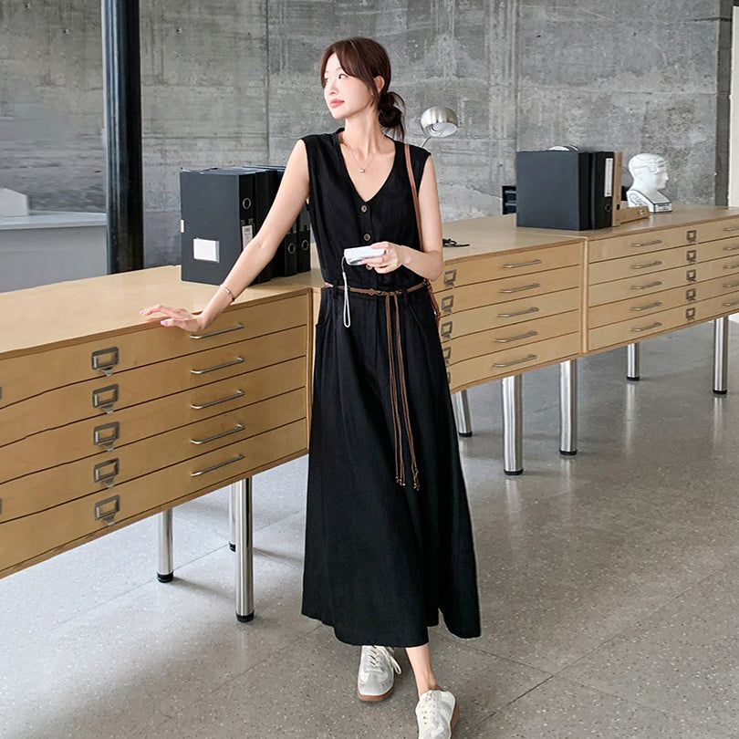 【ワンピース】 上品Vネック ノースリーブワンピース レディース 夏 フレンチ風 大人っぽ 高級感 ウエストマーク細見え ロング丈ドレス【JZシリーズ】