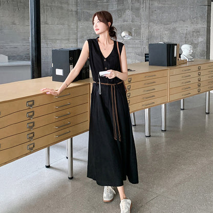 【ワンピース】 上品Vネック ノースリーブワンピース レディース 夏 フレンチ風 大人っぽ 高級感 ウエストマーク細見え ロング丈ドレス【JZシリーズ】