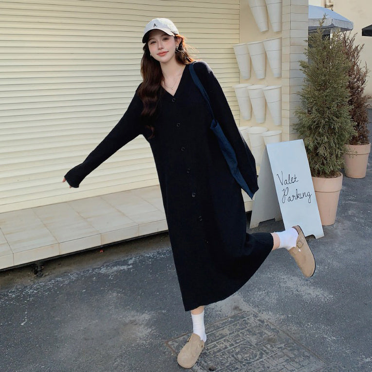【ワンピース】秋冬Vネックニットロングワンピース レディース 大きいサイズ 縦ストライプ柄 体型カバー レイヤードコーデ【JZシリーズ】