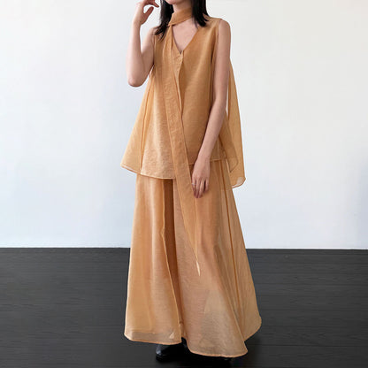 【セットアップ】リゾート風 ノースリーブ トップス & シアースカート 上下セット レディース 夏 フレア Aライン ゆったり 体型カバー フェミニン 人気【JZシリーズ】