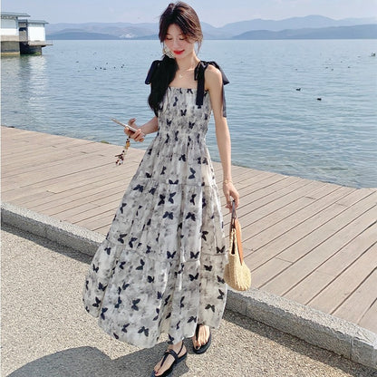 【ワンピース】夏 優しくかわいらしい 水墨蝶柄 カラーブロック ノースリーブワンピース【SHシリーズ】