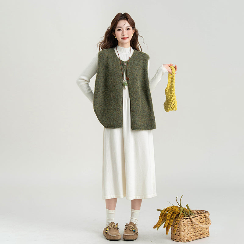 【セットアップ】ニットベスト＆長袖ニットワンピース2点セット レディース 秋冬服新作 ゆったりシルエット 大人カジュアル【JZシリーズ】