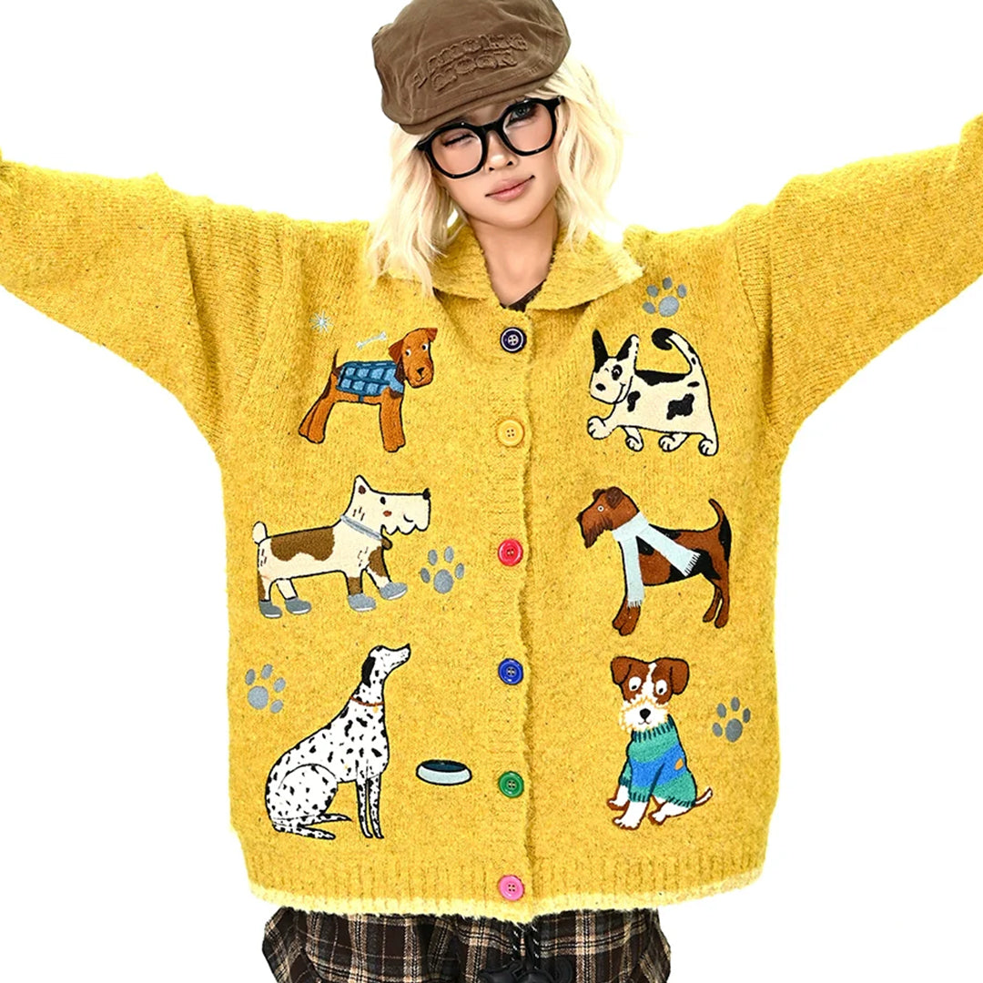 【アウター】子犬 刺繍 セーター ゆったりくつろぎ感 カーディガン【FCシリーズ】