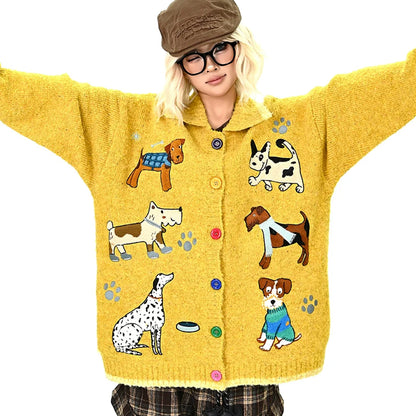 【アウター】子犬 刺繍 セーター ゆったりくつろぎ感 カーディガン【FCシリーズ】