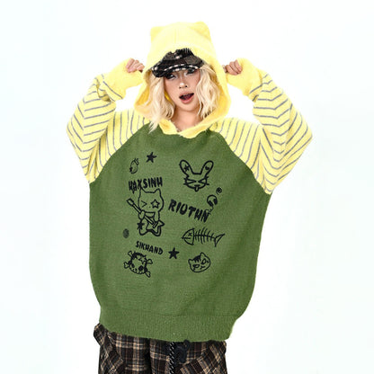 【トップス】ふわふわ カートゥーン柄 フード付きニットセーター レディース 新作 オーバーサイズ BF風 韓国風 ゆるニット【FCシリーズ】