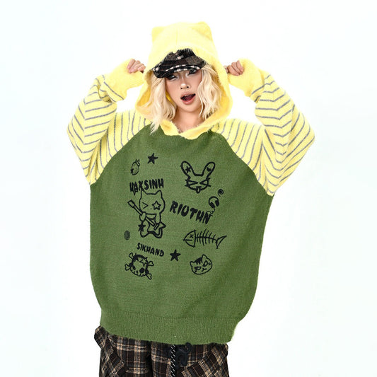 【トップス】ふわふわ カートゥーン柄 フード付きニットセーター レディース 新作 オーバーサイズ BF風 韓国風 ゆるニット【FCシリーズ】