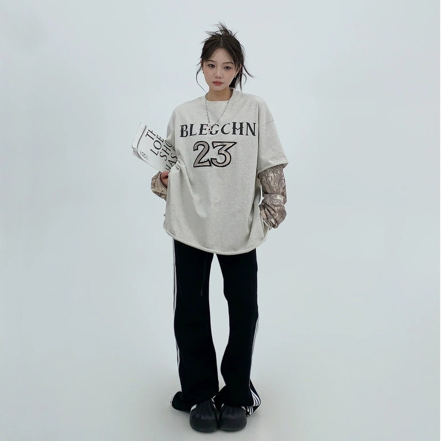 【トップス】春秋 フェイクレイヤード 刺繍 長袖 Ｔシャツ【FCシリーズ】