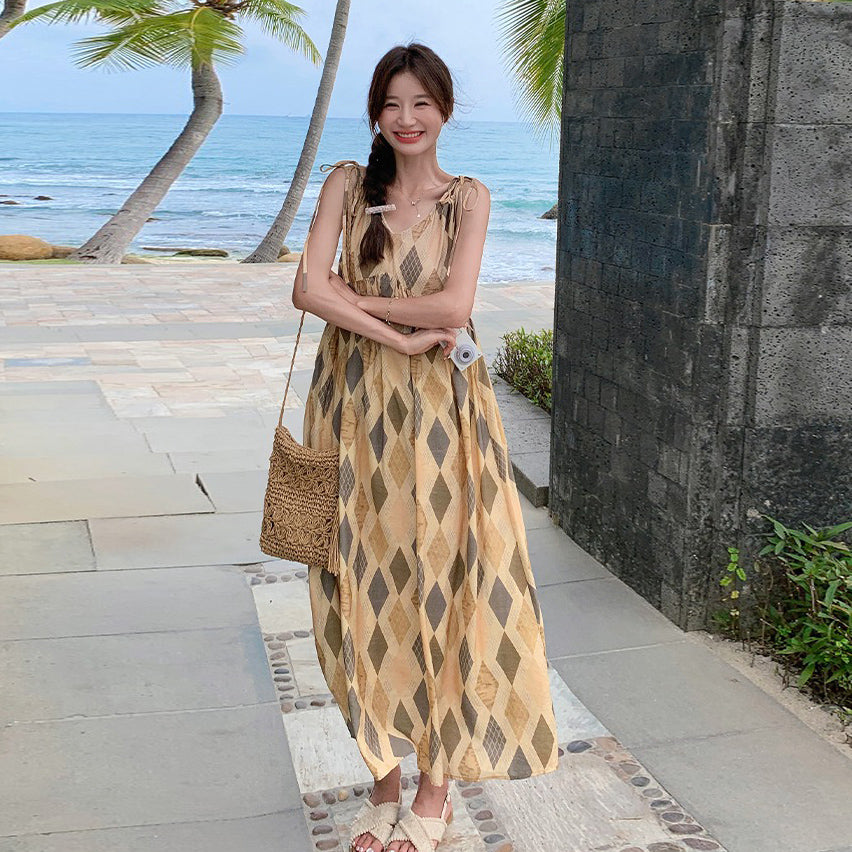 【ワンピース】夏  ビーチリゾート風  ダイヤモンドチェック ノースリーブキャミソールワンピース【SHシリーズ】