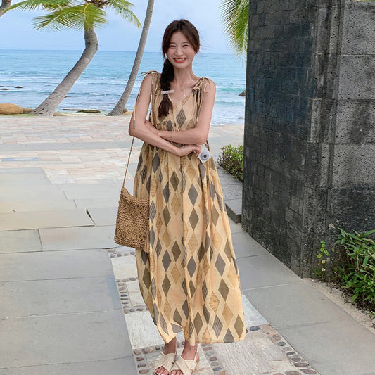 【ワンピース】夏  ビーチリゾート風  ダイヤモンドチェック ノースリーブキャミソールワンピース【SHシリーズ】