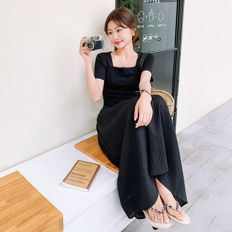 【ワンピース】こなれ感満点 半袖ワンピース スリム見え◎大人上品な黒ワンピ【JZシリーズ】