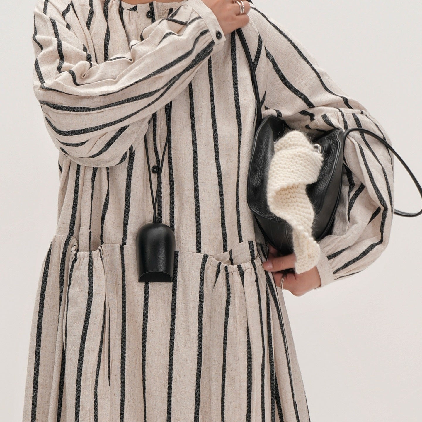 ワンピース】春 秋 冬 ライトブラウン ストライプ柄 ポケット