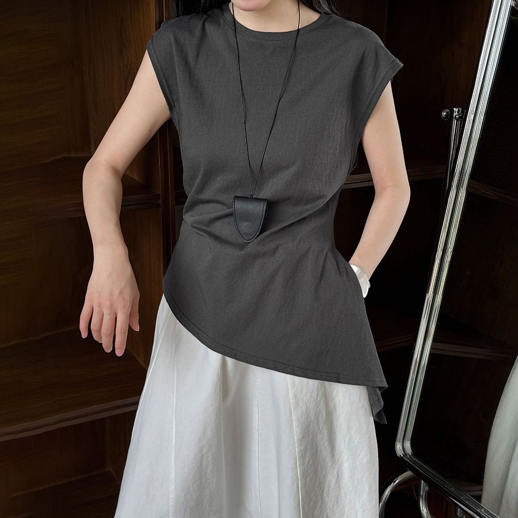 【トップス】韓国風 シンプル 夏新作 ウエストマーク 不規則デザイン 半袖Tシャツ【SNシリーズ】