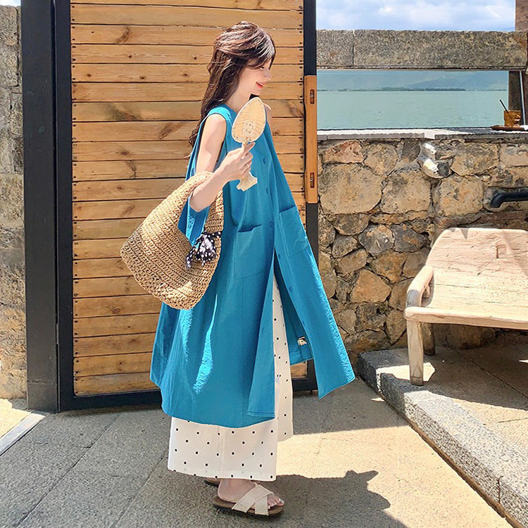 2点セット！【セットアップ】優しい系 ノースリーブシャツワンピース＋ ドット柄 ワイドパンツ 重ね着でおしゃれ