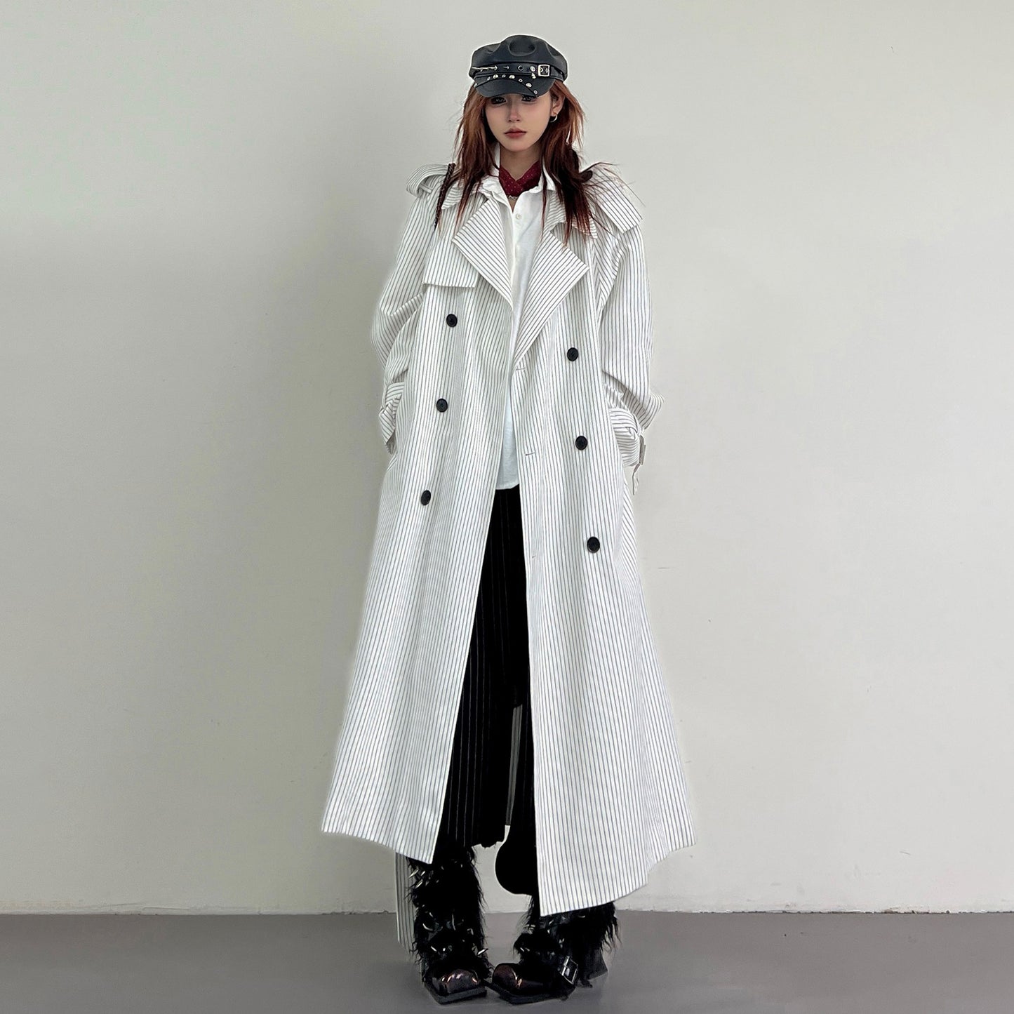 【アウター】韓国風 ストライプ ダブルボタン ベルト付き ロングトレンチコート【FCシリーズ】【10～15日内発送】