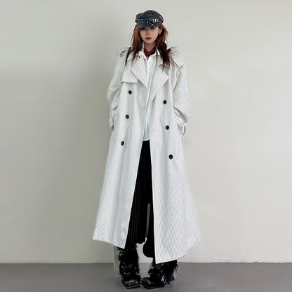 【アウター】韓国風 ストライプ ダブルボタン ベルト付き ロングトレンチコート【FCシリーズ】【10～15日内発送】