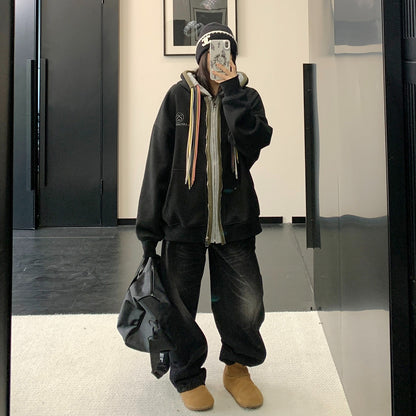 【アウター】カラフル ドローコード レイヤード風 フード付き ジャケット【FCシリーズ】