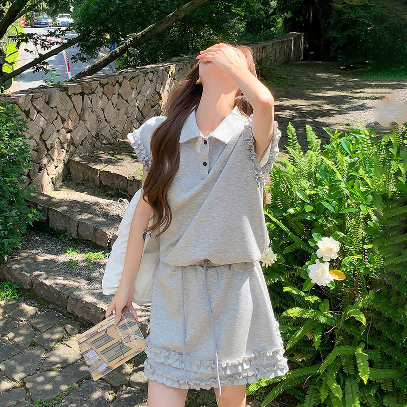 2点セット！【セットアップ】韓国風 ライトグレー上下セット レディース 夏 フリル半袖ブラウス スカート 大人可愛い【JZシリーズ】