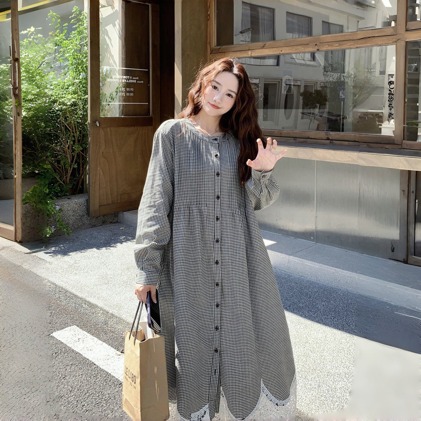 【ワンピース】 カジュアル ゆったり スウィート 若見え  レース チェック 長袖ワンピース【JZシリーズ】【SHシリーズ】