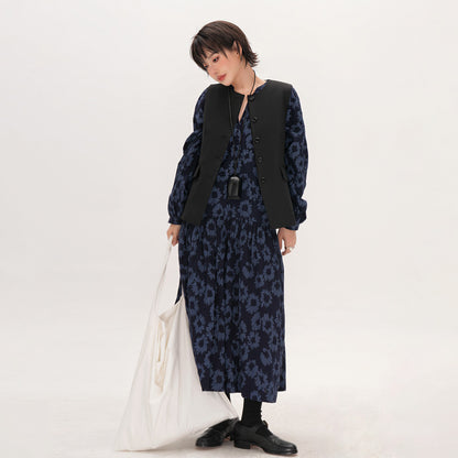 【ワンピース】小花柄 レディース 大きめサイズ ゆったり 体型カバー ミディアムロング丈 レトロ文芸風 長袖ワンピース【JZシリーズ】【SHシリーズ】