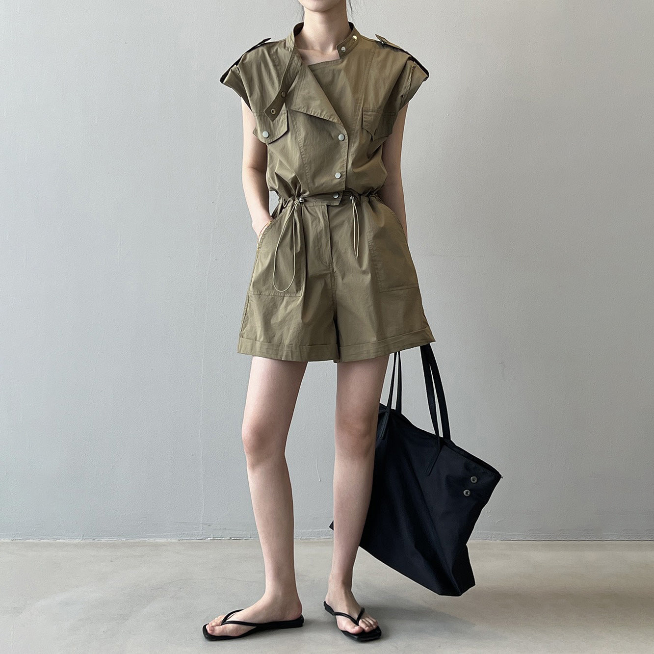 【ボトムス】ハイウエスト 夏 ワーク風 オールインワン  スタンドカラー フリルスリーブ シャツ風 ショート丈ジャンプスーツ【JZシリーズ】