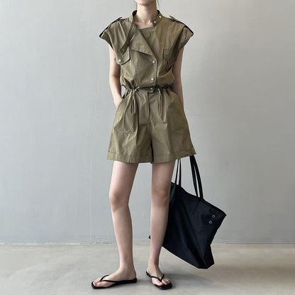 【ボトムス】ハイウエスト 夏 ワーク風 オールインワン  スタンドカラー フリルスリーブ シャツ風 ショート丈ジャンプスーツ【JZシリーズ】