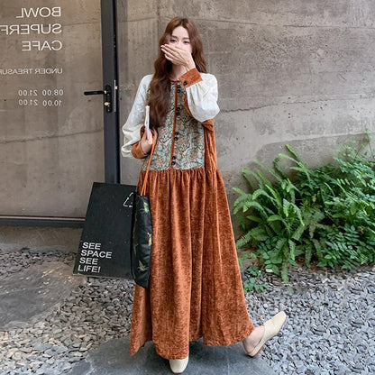 【ワンピース】高級感 プリント切り替えベルベット長袖ワンピース レディース 春秋冬 フレンチエレガントロングドレス【SHシリーズ】