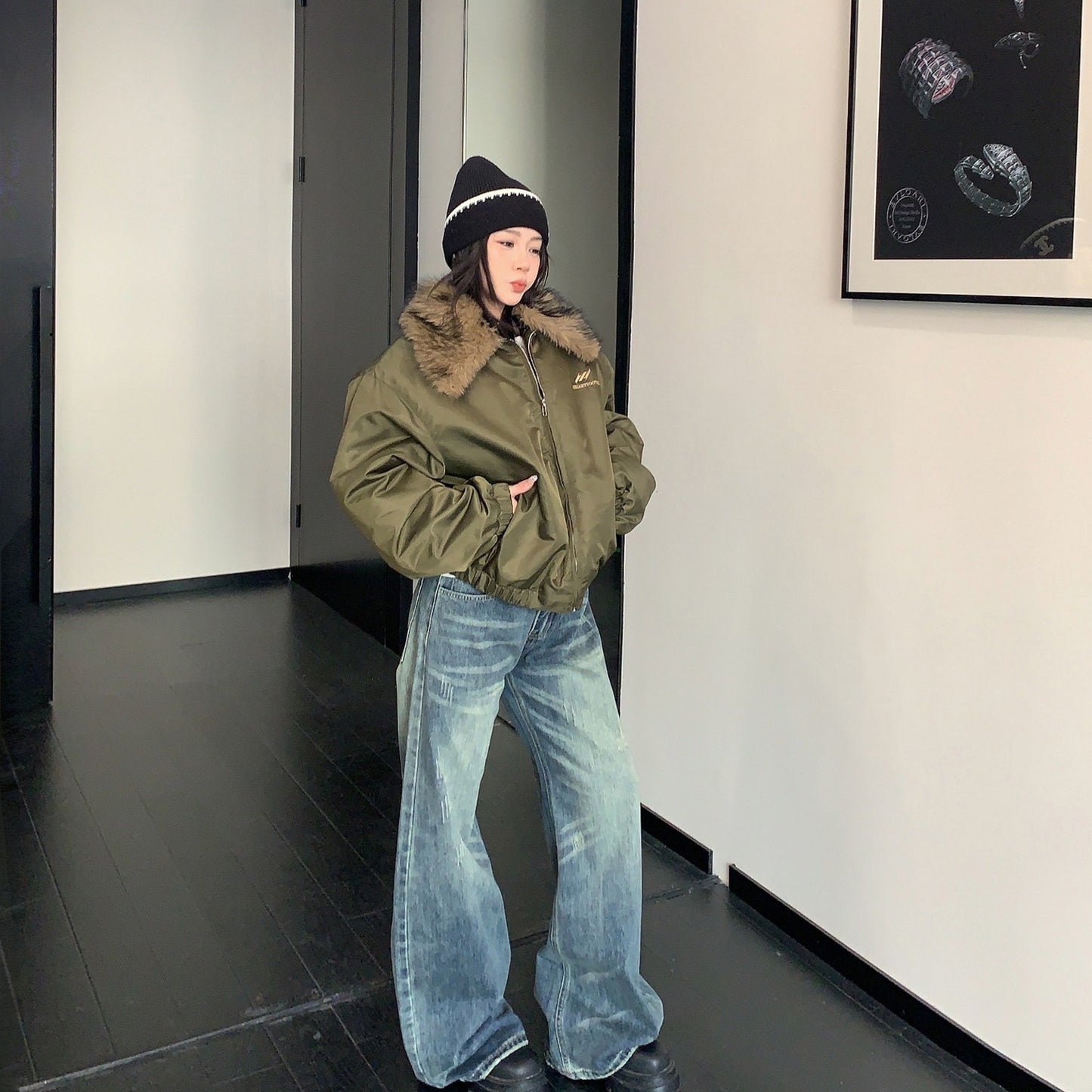 【アウター】ファー襟 厚手ショート丈   中綿ジャケット  【FCシリーズ】