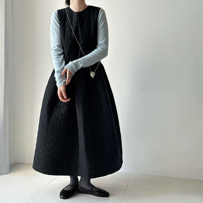 【ワンピース】春 秋 冬 厚手 中綿入り リボン付き ゆったり ロング ノースリーブ ワンピース【JZシリーズ】