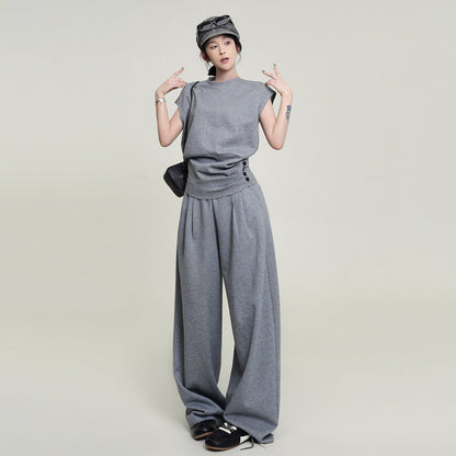 【セットアップ】韓国風 フリルスリーブTシャツ  クルーネック トップス＋パンツ 上下セット レディース 夏新作 細見え 体型カバー【FCシリーズ】