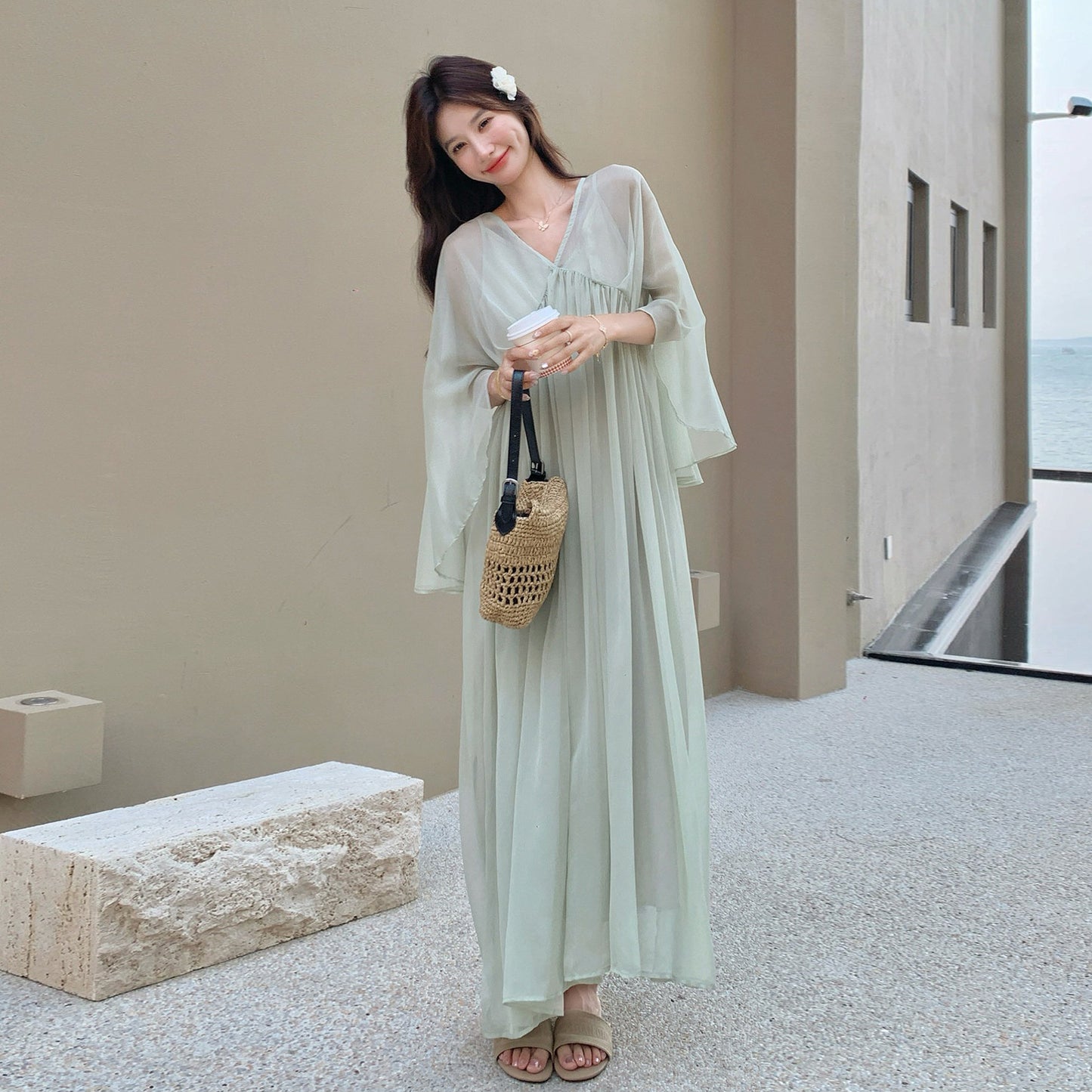 インナーキャミ付き！【ワンピース】フレンチノースリーブワンピース レディース 夏新作 リゾート風 こなれ感 ゆったり きれいめ【SHシリーズ】