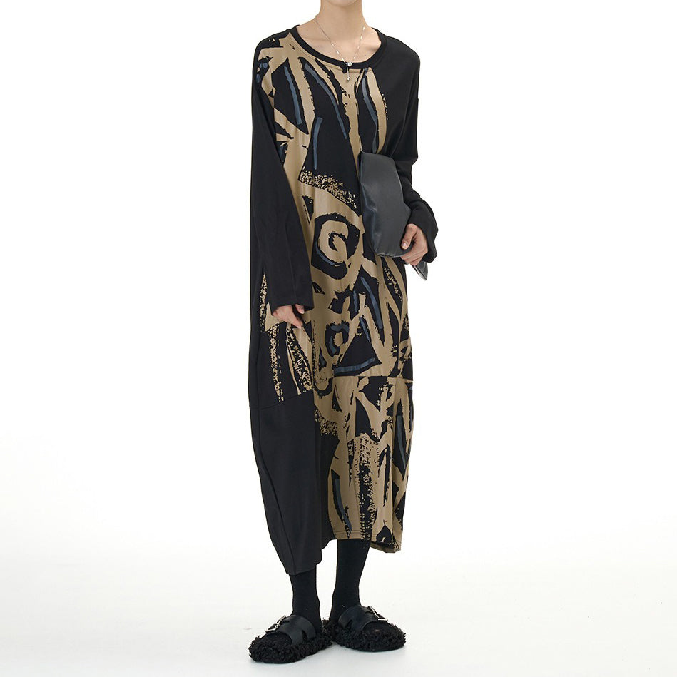 【ワンピース】ファッション 切替デザイン 長袖 プリントワンピース 春新作 大きいサイズ レディース ゆったり 体型カバー Aラインワンピース【SHシリーズ】