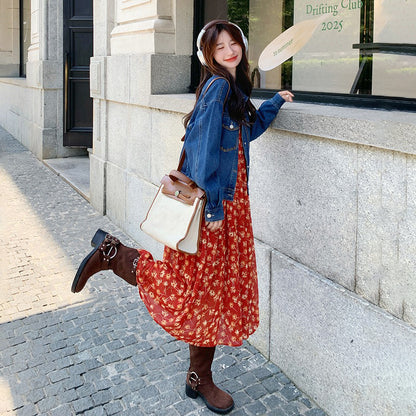 【セットアップ 】超可愛い レトロデニムジャケット＋花柄キャミワンピース レディース おしゃれ 人気ノースリーブワンピース【SHシリーズ】