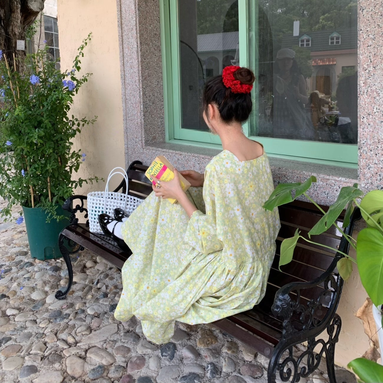 【ワンピース】夏 スクエアネック レトロ 花柄 大振裾 半袖 ワンピース【SHシリーズ】