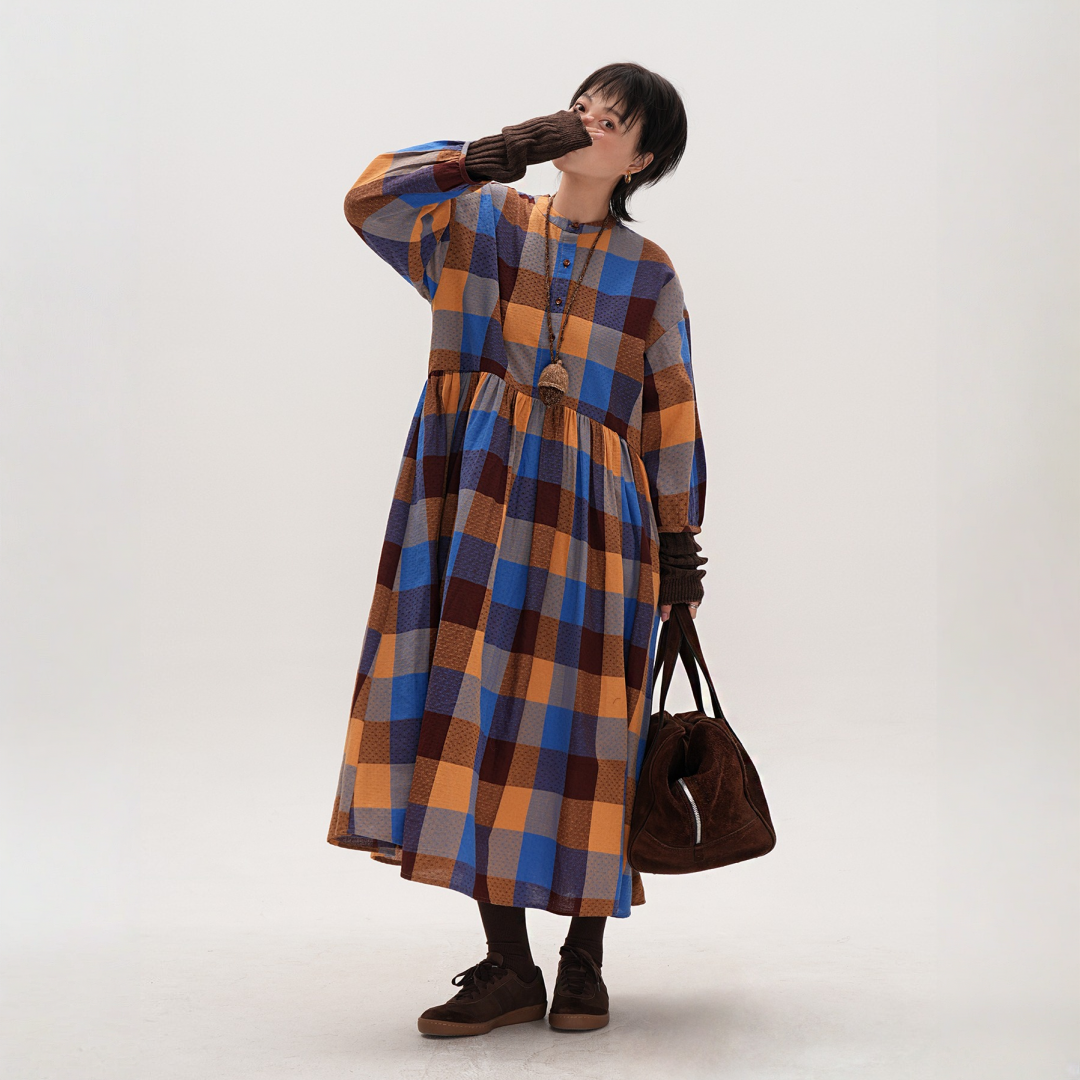 【ワンピース】春 秋 冬 レトロ風 ゆったりチェック柄 ロング ワンピース ワンピース 【JZシリーズ】