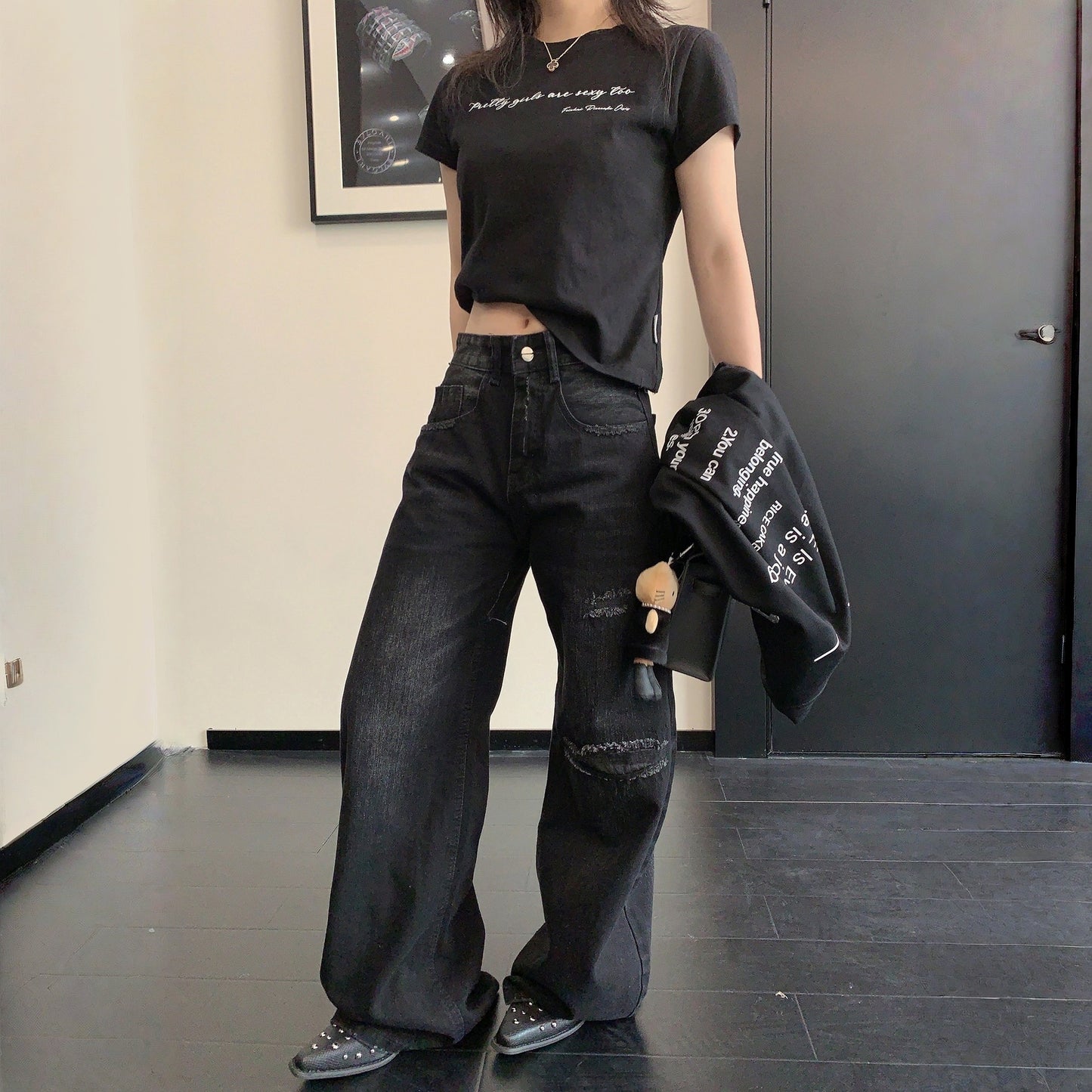 【ボトムス】ダメージ加工 ストレート レトロ ワイドパンツ 【FCシリーズ】