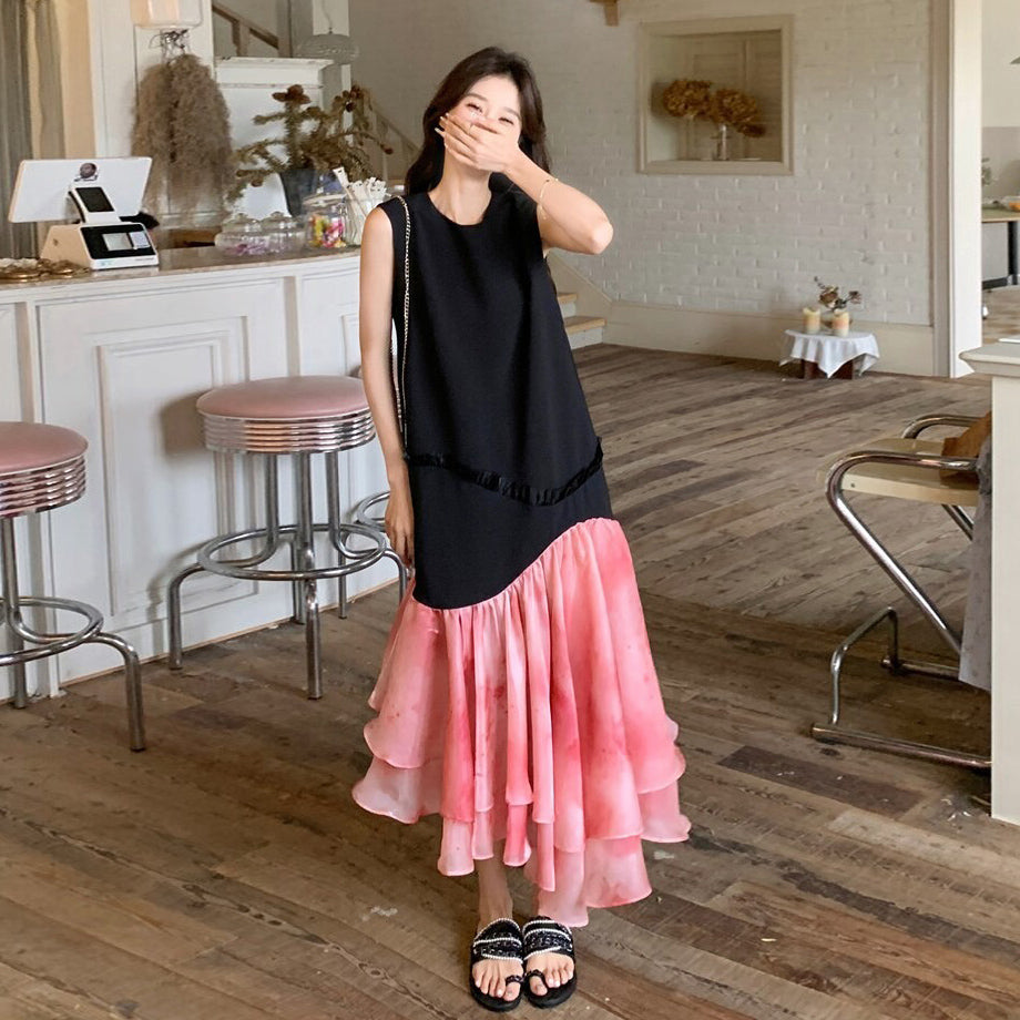 【ワンピース】高見え ノースリーブ花柄切替ワンピース トレンド感ある上品な美シルエット【SHシリーズ】