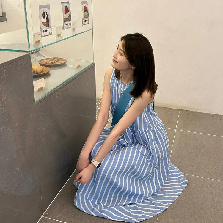 【ワンピース】ブルーストライプワンピース レディース 夏新作 ノースリーブ 丸首 涼しげ 体型カバー 上品 ロング丈 ワンピース【JZシリーズ】
