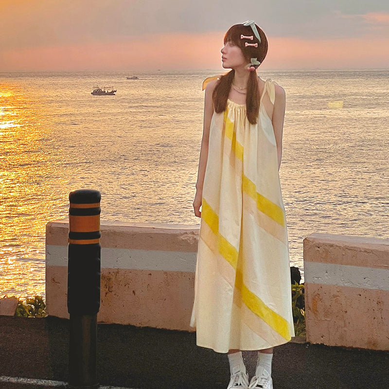 【ワンピース】配色キャミワンピース レディース リゾート風 ゆったり ロング丈 ビーチドレス 夏ワンピース【SHシリーズ】