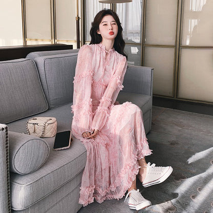 【ワンピース】透かし編み 水墨画風花柄長袖ワンピース レディース 春秋 トレンド 超可愛い【SHシリーズ】