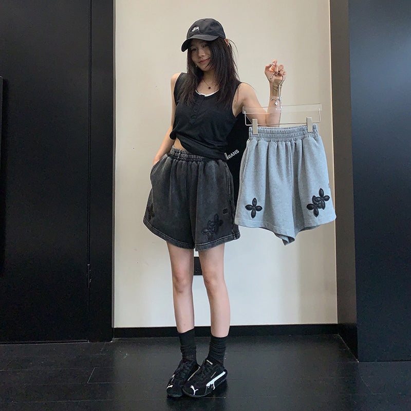 【ボトムス】アメリカンヴィンテージ ダメージ加工 ワッペン刺繍  ハーフパンツ ルーズ カジュアル ストリート【FCシリーズ】