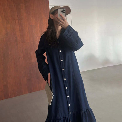 【ワンピース】日系 春夏 アメリカンレトロ オールドマネー風 デザインデニムワンピース レディース ゆったり カジュアル 長袖ワンピース【JZシリーズ】