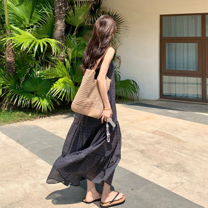 【ワンピース】ドット柄 水玉 ノースリーブワンピース フレンチレトロ ミモレ丈 大きいサイズ 体型カバー 着痩せ きれいめ 上品【SHシリーズ】
