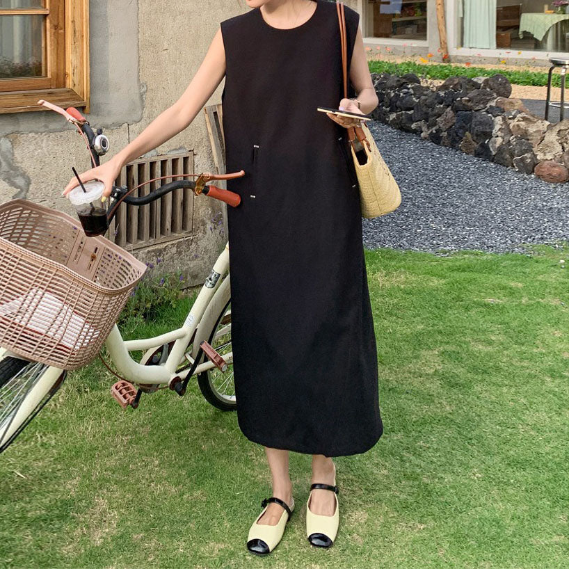 【洋裝】法式風夏季新款腰標修身後開襟成熟女人味無袖連身裙
